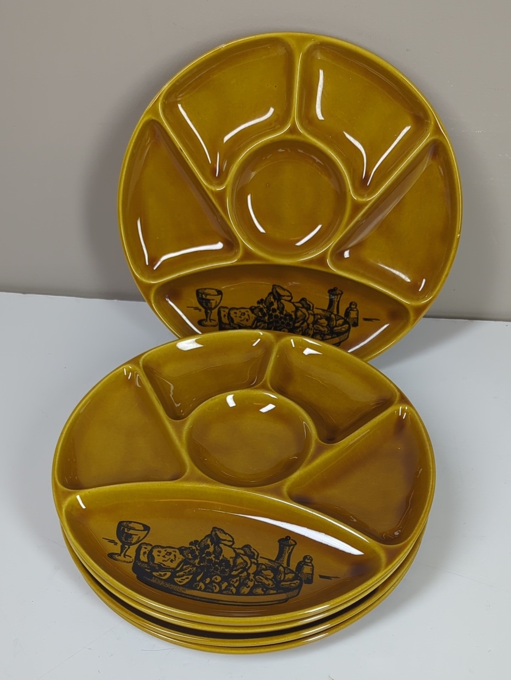 vintage Gien France Fondue Plates Bread Wine Motif Set Of 5